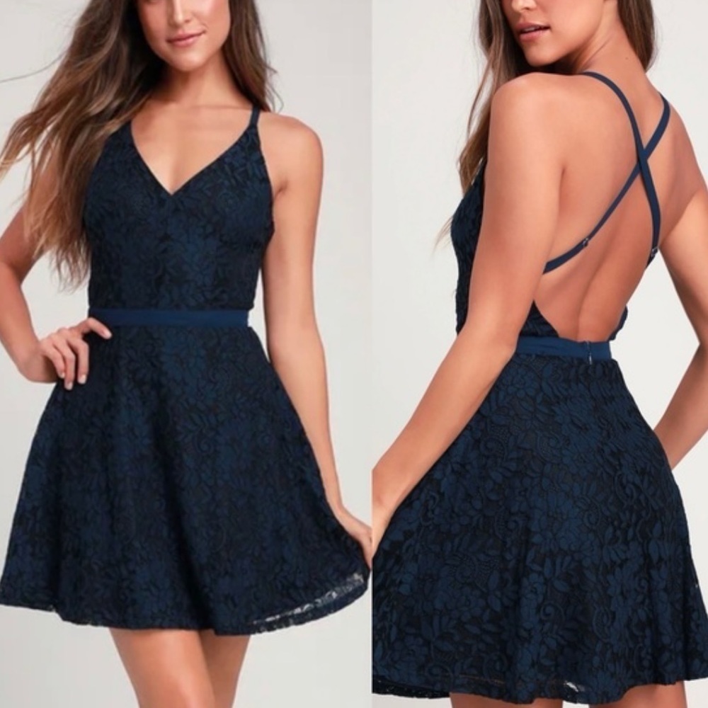 Lulus Dancing in the Moonlight Navy Blue Lace Backless Skater Dress Medium